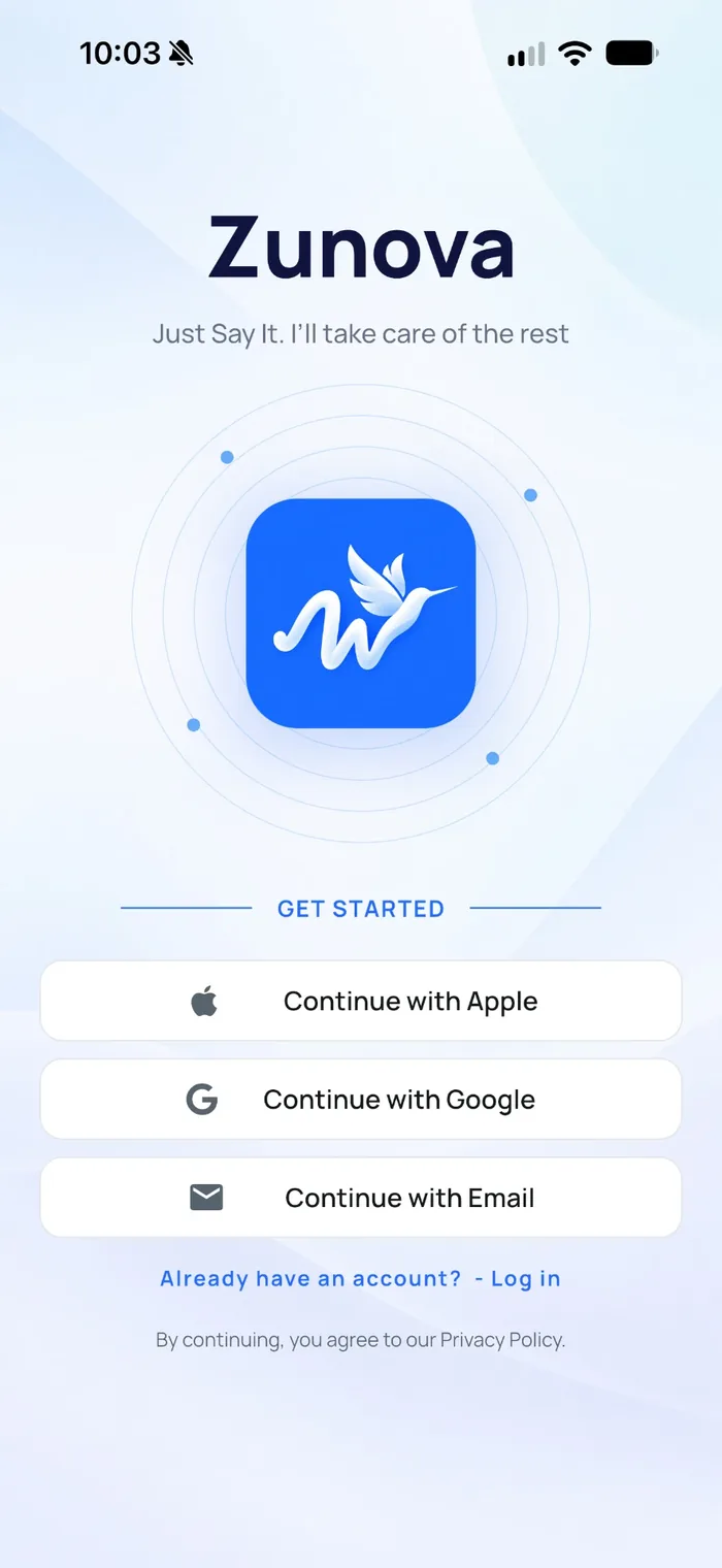 Zunova welcome screen
